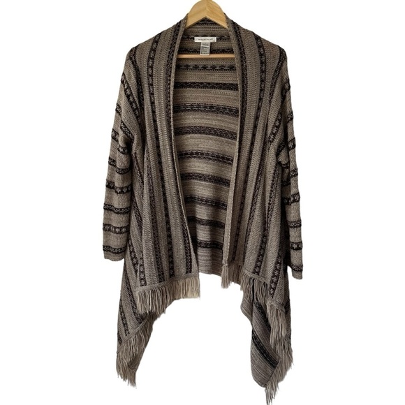 August Silk Brown Stripe Festival Fringe Cardigan Sweater - Picture 1 of 9